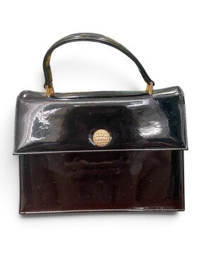Vintage Bienen-Davis Black Patent Leather Top Handle Handbag with mirror